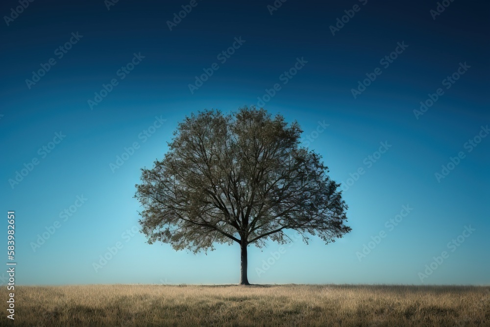 Poster a lone tree in a field with a blue sky in the background. generative ai