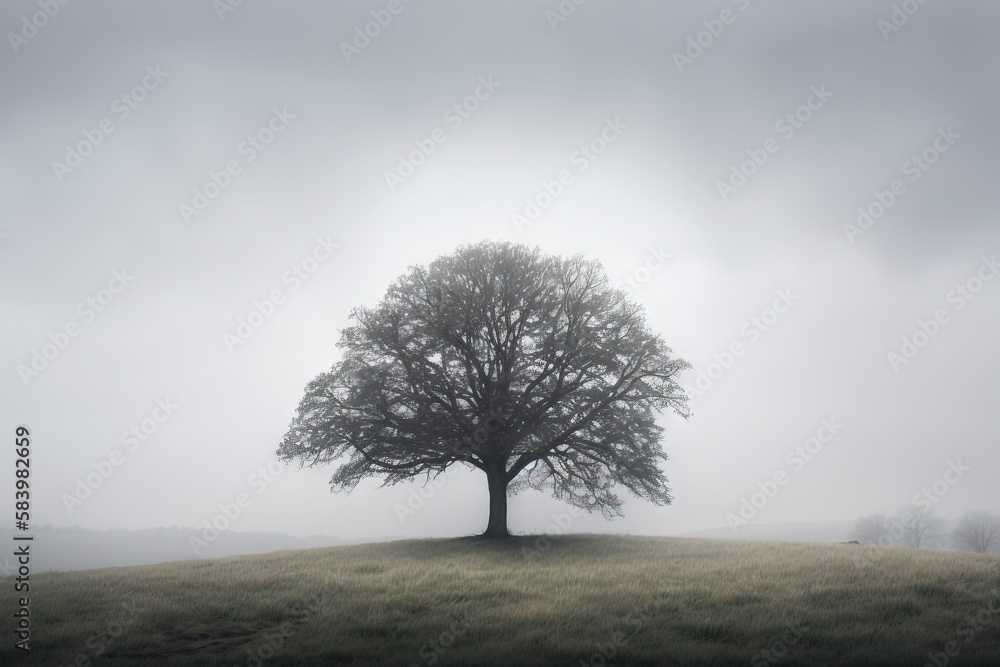 Poster a lone tree on a foggy day in a field. generative ai