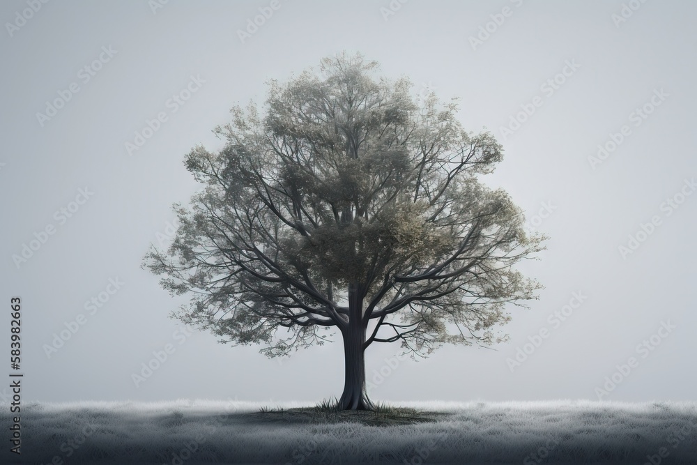 Poster a lone tree stands alone in a foggy field on a foggy day. generative ai