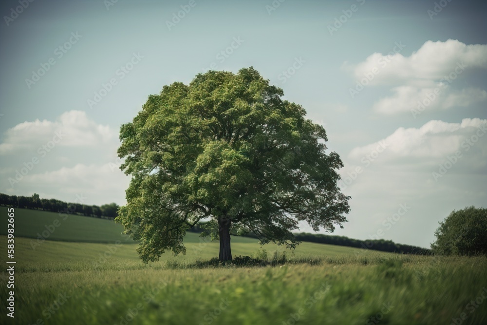 Poster a large tree in a grassy field with a sky background. generative ai