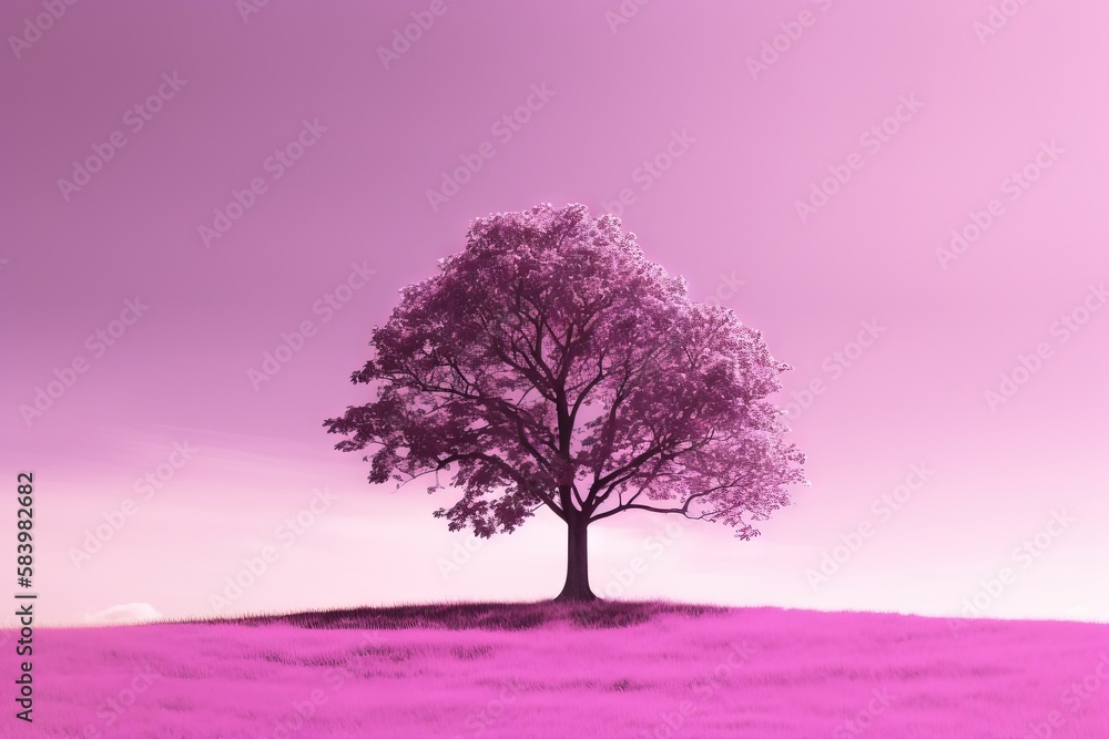 Poster a lone tree in a field of grass with a pink sky in the background. generative ai