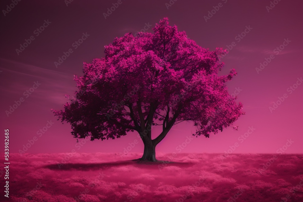 Poster a tree in the middle of a field with a pink sky in the background. generative ai