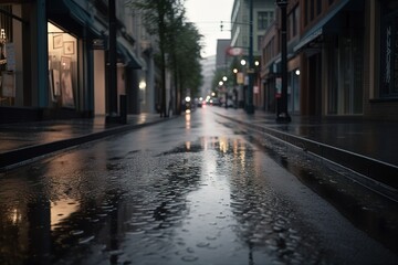  a wet street with a few buildings on the side of it.  generative ai