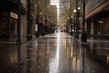 Fototapeta na wymiar a city street with a wet sidewalk and trees on both sides. generative ai