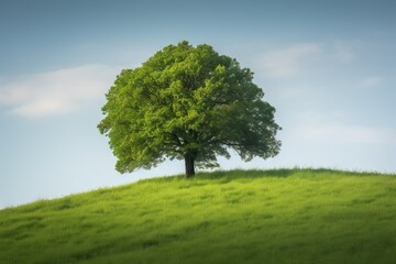 Fototapeta na wymiar a lone tree on a grassy hill under a blue sky. generative ai