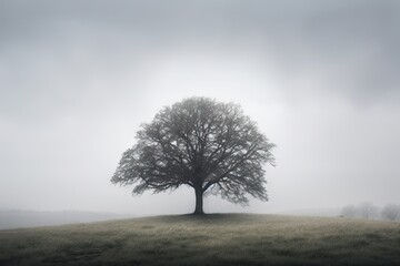  a lone tree on a foggy day in a field.  generative ai