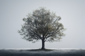  a lone tree stands alone in a foggy field on a foggy day.  generative ai