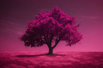  a tree in the middle of a field with a pink sky in the background.  generative ai