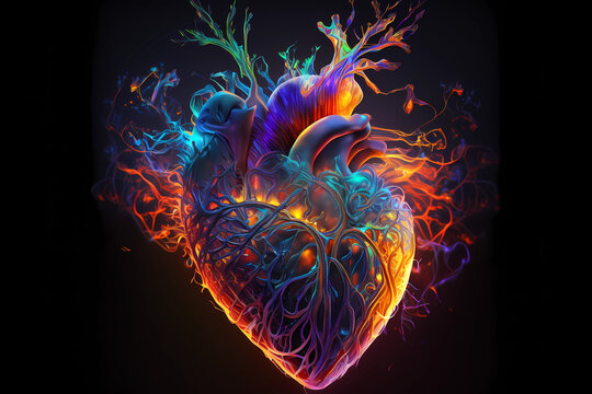 An abstract concept of heart painted with colorful watercolors on black background

