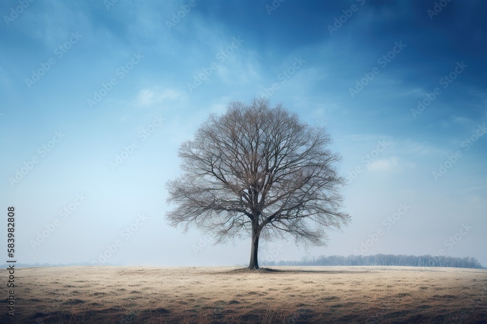Aufkleber a lone tree in a field with a blue sky in the background. generative ai