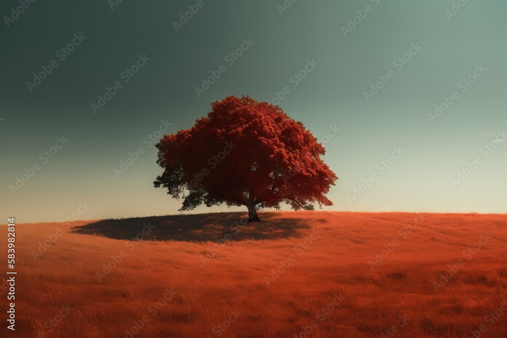Poster a lone tree in a field with a blue sky in the background. generative ai