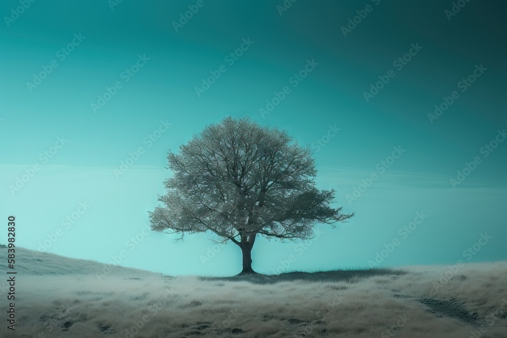 Poster a lone tree stands alone in a field of grass and snow. generative ai