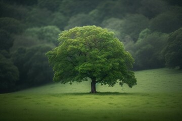  a large green tree in the middle of a grassy field.  generative ai
