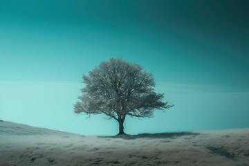  a lone tree stands alone in a field of grass and snow.  generative ai