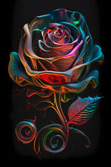 Beautiful rose painted with colorful neon watercolors on black background