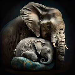A mother elephant holding infant baby elephant with her trunk and protecting him. Motherly love concept art created with Generative AI Technology.