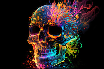 An abstract design of a skull painted with colorful watercolors on black background