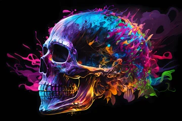 Deurstickers Aquarel doodshoofd An abstract design of a skull painted with colorful watercolors on black background