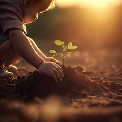 A cute little boy planting tree in the ground with sun rising in the background created with Generative AI Technology.
