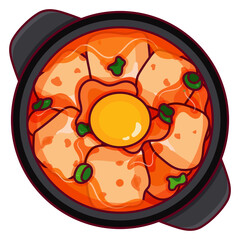 Kimchi Jjigae (Spicy kimchi stew) in black bowl recipe illustration vector. Asian korea soup food icon design. Korean red cabbage soup with tofu top view cartoon. Korean food menu vector.