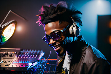 Professional african american DJ in headphones with sound mixer in nightclub. Generative ai.