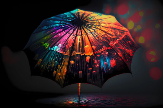 An abstract design of umbrella painted with colorful watercolors on black background