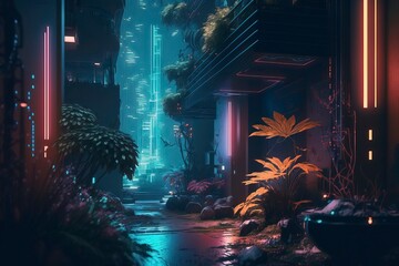 ultra modern environment futuristic city neon cyberpunk. generative AI