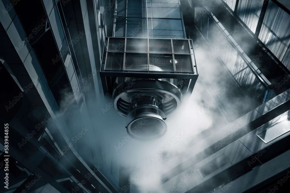 Poster a tall building with a smokestack in the middle of it. generative ai