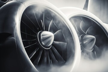  a close up of a jet engine in a black and white photo.  generative ai