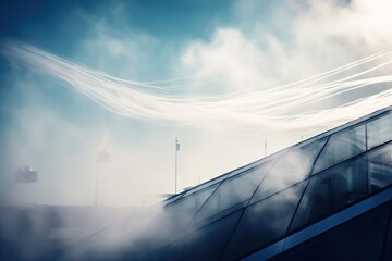  a building with a sky background and a long white cloud in the sky.  generative ai