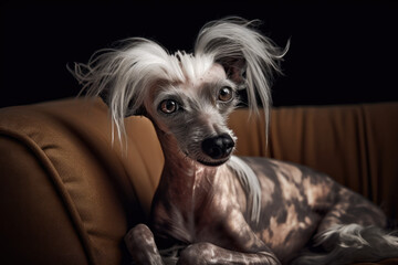 Beautiful pure-bred Chinese Crested dog sitting on a couch