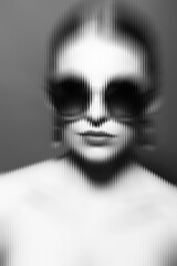 Fashion concept. Beautiful woman with sunglasses and classic hairstyle looking through textured glass. Glass with vertical stripes texture effect applied. Black and white image. Motion blur effect