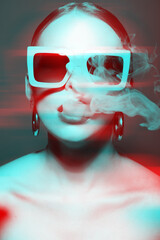 Woman portrait with classic hairstyle, big retro sunglasses and round earrings blowing dense smoke from mouth. RGB channel color split effect applied. Futuristic looking style