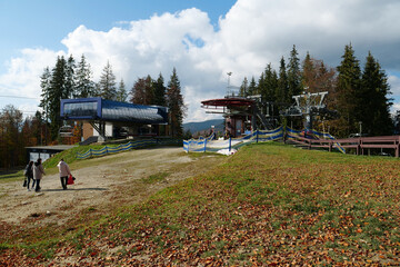 Ski lift in Bukovel - village and ski resort in Carpathians, Ukraine