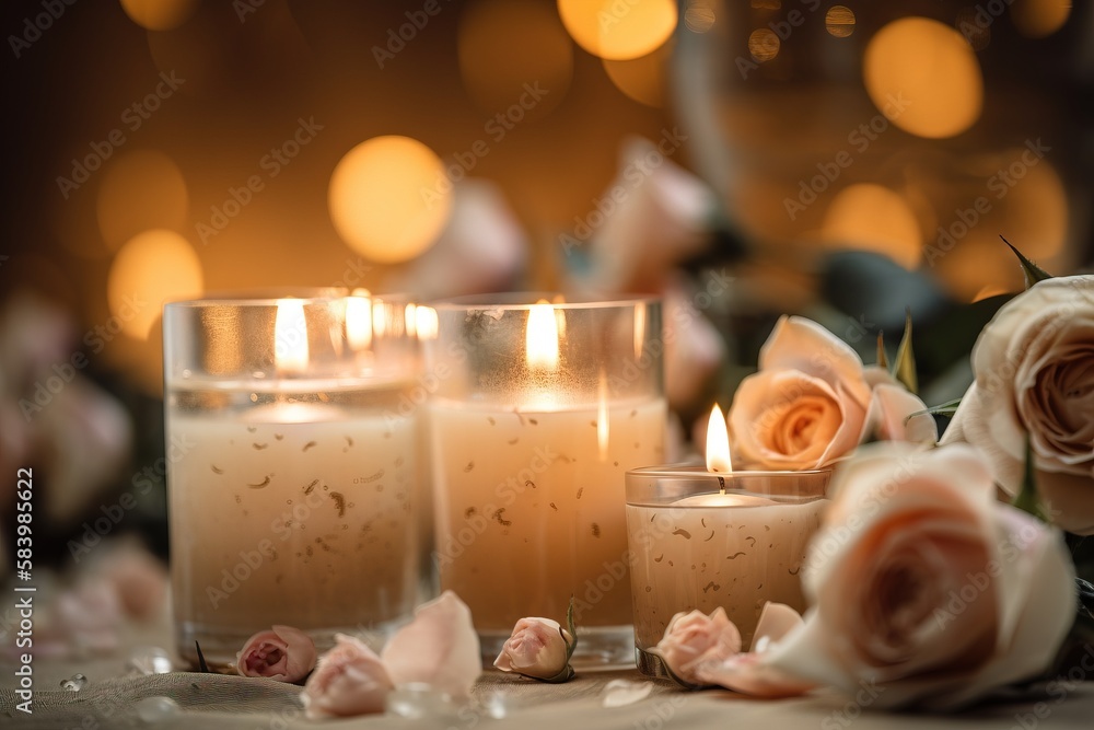 Poster a table topped with candles and flowers on top of a table. generative ai