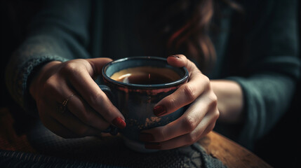 Fototapeta na wymiar Closeup of woman hands holding cup of tea. generative ai