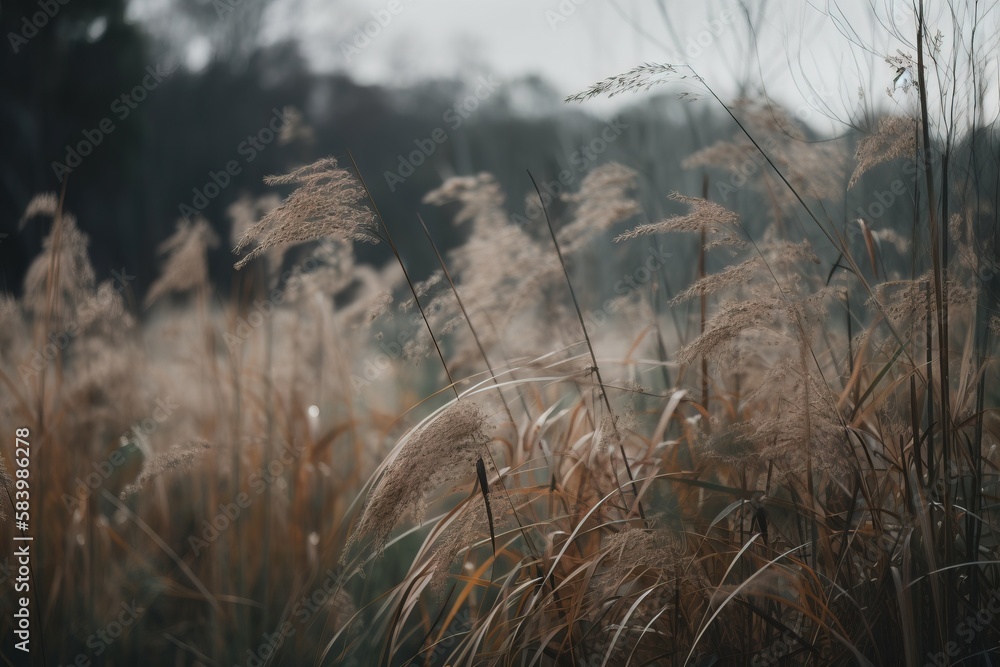 Poster a field of tall grass with trees in the background and fog in the air. generative ai