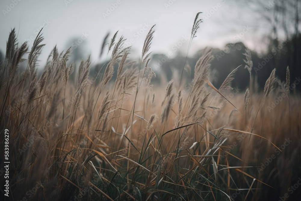 Poster a field of tall grass with trees in the background and a sky in the background. generative ai