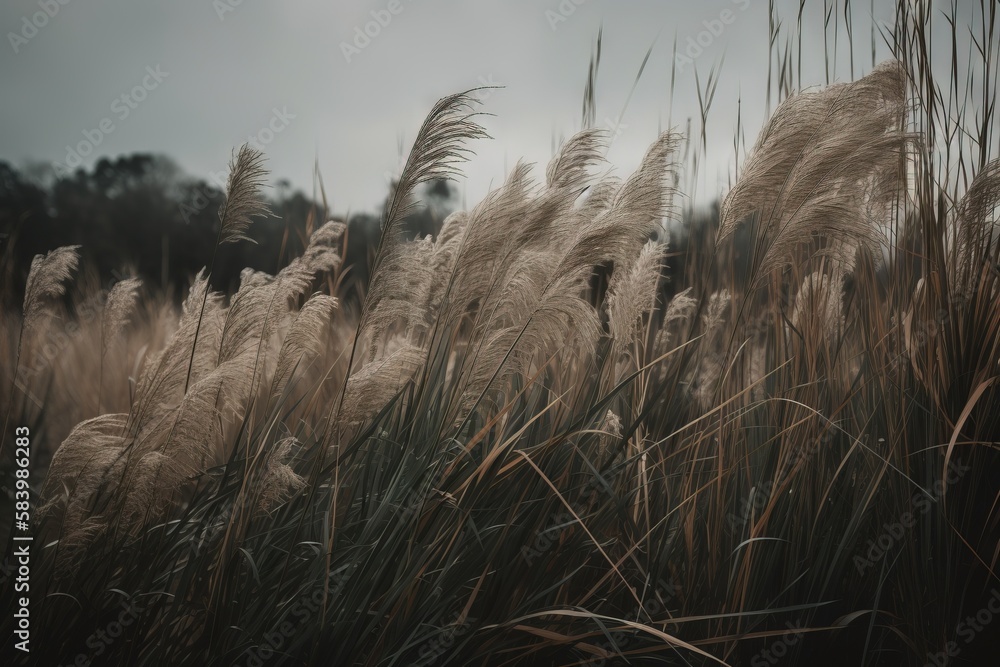 Poster a field of tall grass with trees in the background and a sky in the background. generative ai