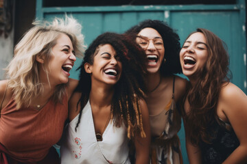 Fototapeta premium A diverse group of female women friends all laughing and having fun together. Generative ai