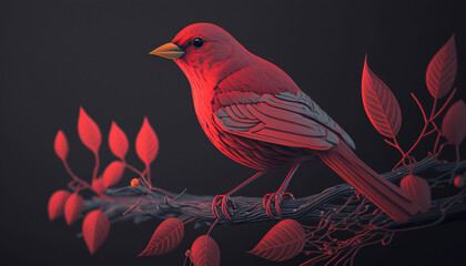 Red bird on a branch.Generative AI.