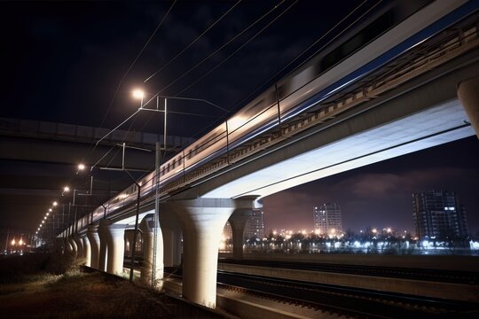  a train traveling over a bridge over a river at night.  generative ai