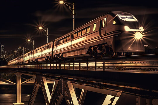  a train traveling over a bridge at night with lights on.  generative ai