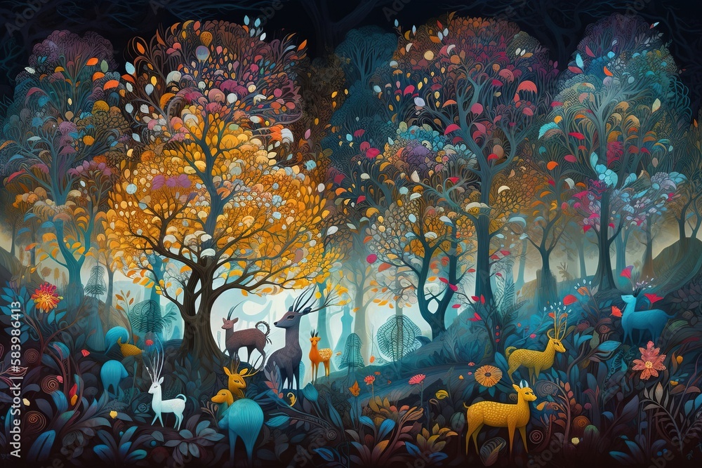 Aufkleber a painting of a forest with deer and trees in it. generative ai