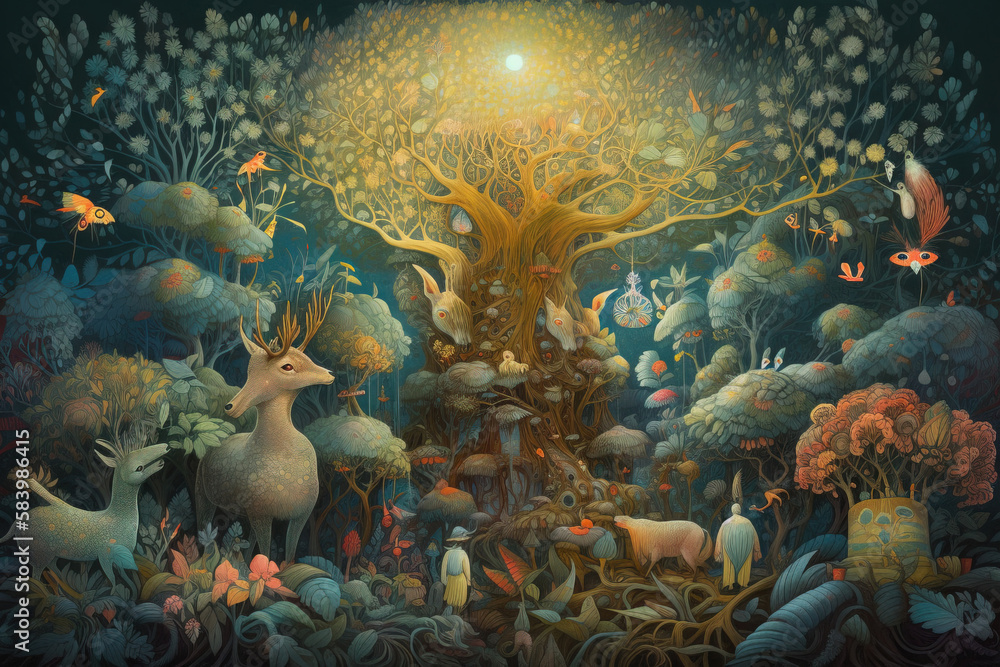 Poster a painting of a forest with animals and a tree in the background. generative ai