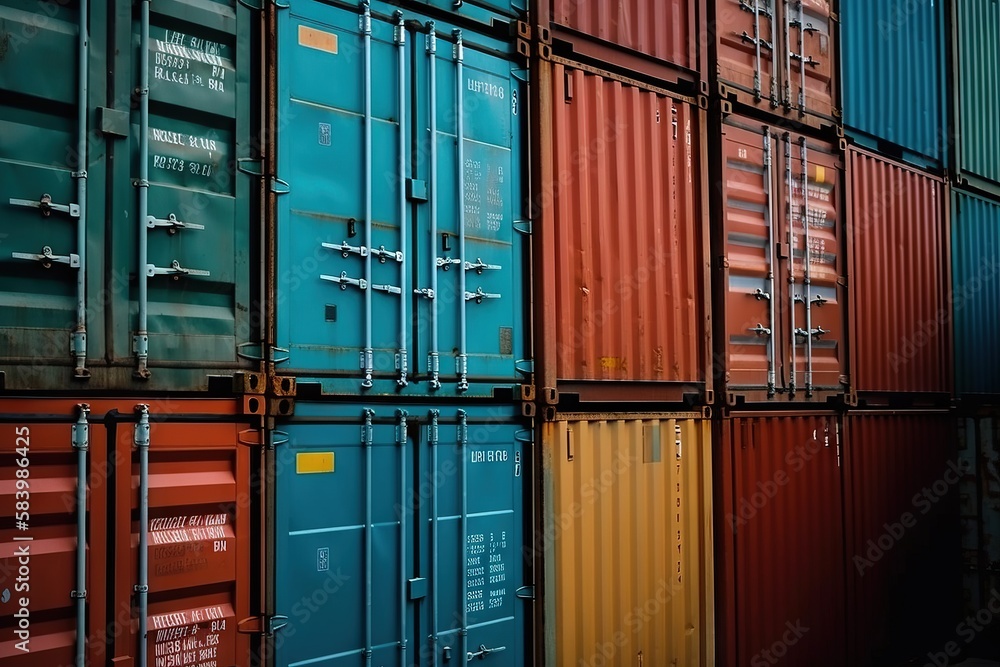 Poster a bunch of colorful shipping containers stacked on top of each other. generative ai