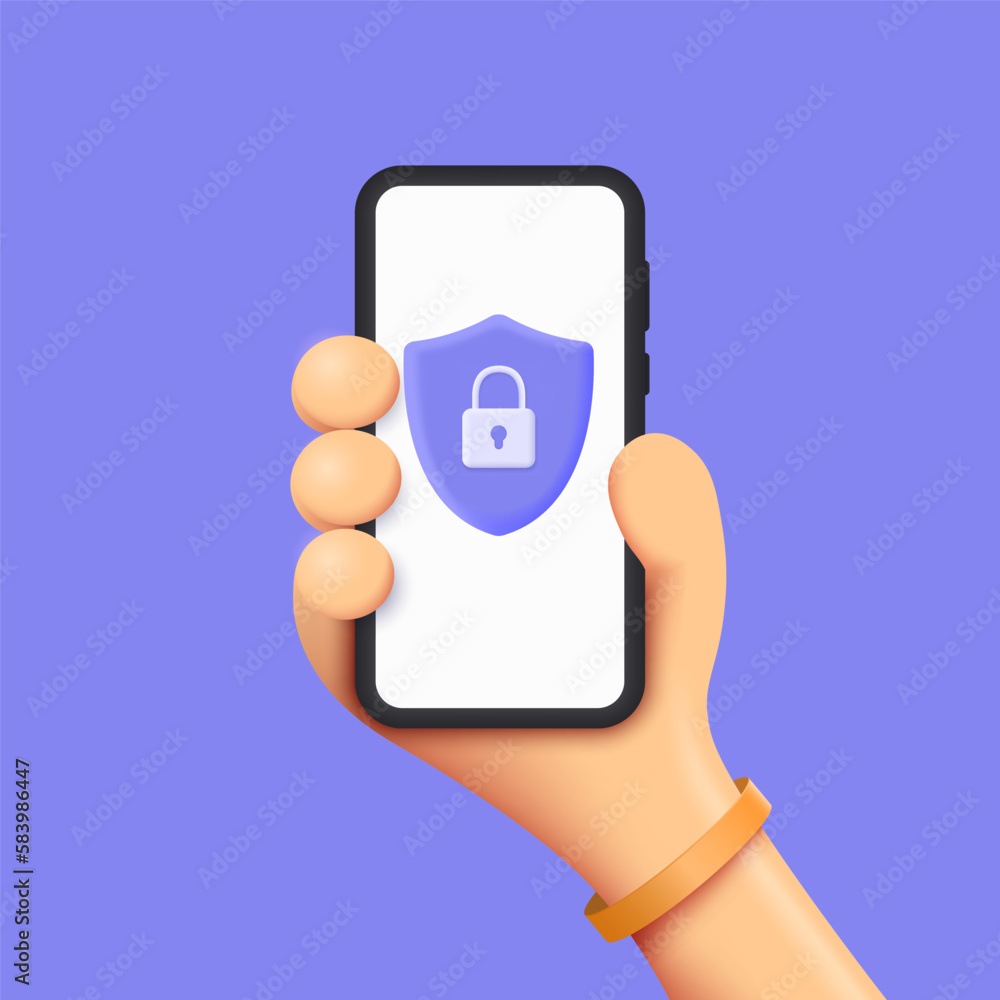 Poster 3d hand hold mobile phone ,shield icon with a lock in a minimalistic style. privacy or security prot