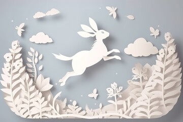 Happy easter paper cut card rabbit jumping in egg. Generative AI