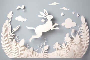 Fototapeta na wymiar Happy easter paper cut card rabbit jumping in egg. Generative AI