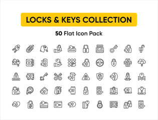 Keys and Locks. Set of outline vector icons. Includes such as Car Keys, Fingerprint and other. 64x64 Pixel Perfect.
